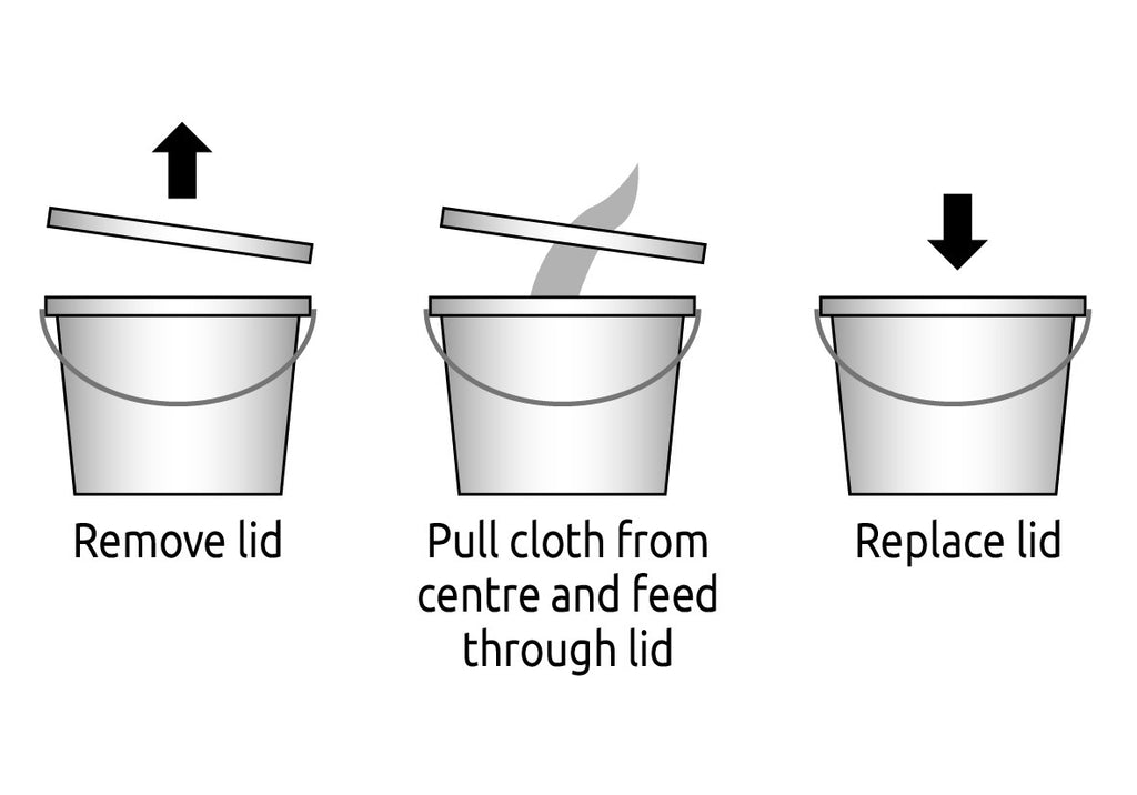 Bucket Opening Instructions. Remove lid, pull cloth from centre and feed through lid. Replace lid. 